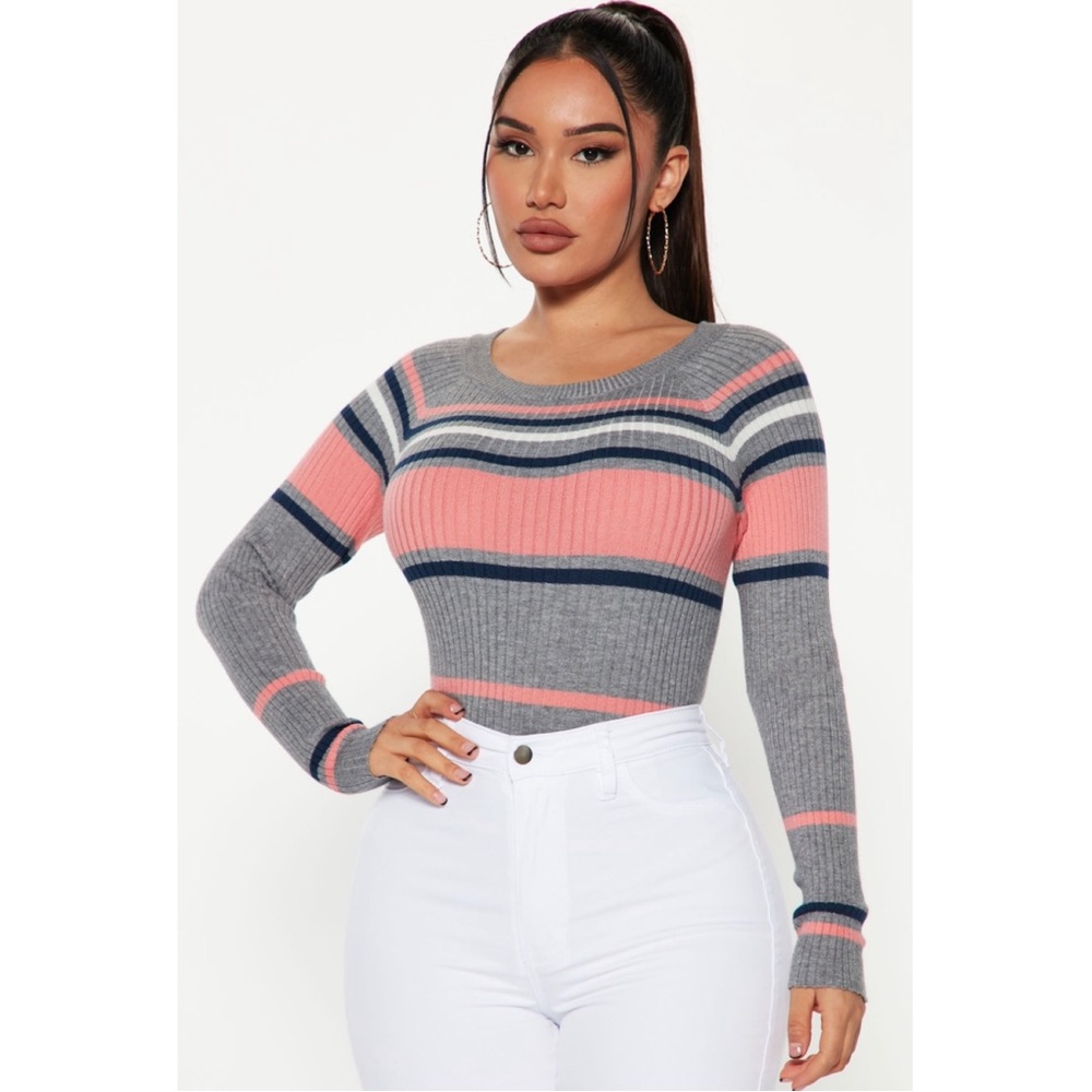 Fashion Nova Stripes For Days Sweater - Heather Grey